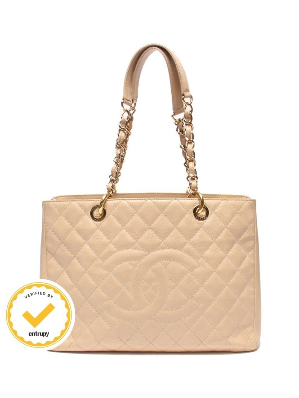 Chanel Chain Shoulder Bag Tote Bag Gold Quilted Caviar Leather Grand Shopping